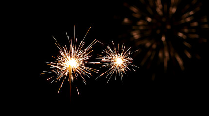 Two sparklers ignite against a dark backdrop, creating a dazzling display of light and sparks, Sparklers and fireworks lighting up the night sky