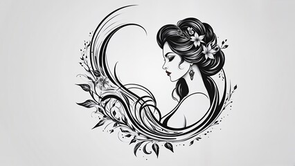 Elegant woman with long hair and floral elements in tattoo design  