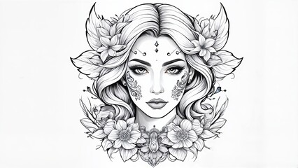 Elegant tattoo design featuring a woman with floral elements and leaves  
