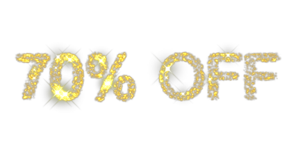 Sparkling text animation displaying 70% off promotion in shimmering gold effect for seasonal discount sale on transparent background