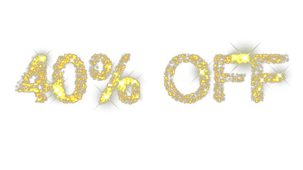 Sparkling text animation displaying 40% off promotion in shimmering gold effect for seasonal discount sale on transparent background
