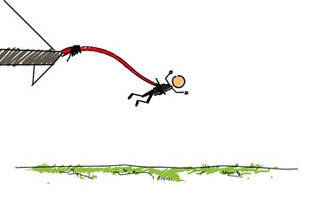 Person bungee jumping with a red cord against a white background  