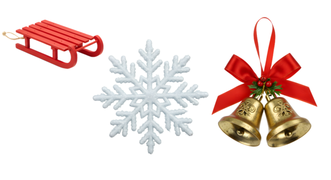 Red wooden sled, white snowflake ornament, and gold bells with red bow, festive Christmas decorations for winter holiday celebrations - Powered by Adobe
