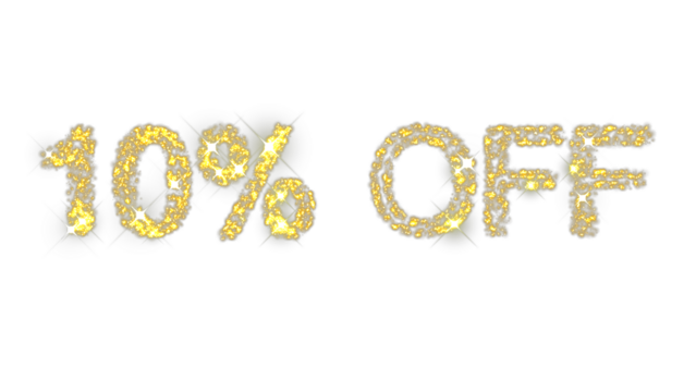 Sparkling text animation displaying 10% off promotion in shimmering gold effect for seasonal discount sale on transparent background