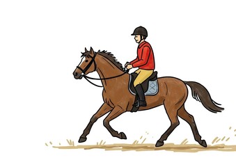 Equestrian rider in red jacket cantering on brown horse outdoors  