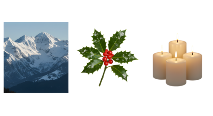 Snowy mountain peaks with clear blue sky, holly branch with red berries, and three lit white candles perfect for winter holiday themes