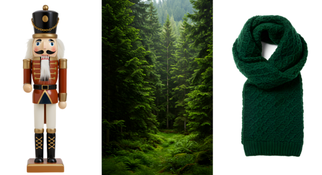 Classic wooden nutcracker figurine with a green winter scarf and a lush green forest background, perfect for holiday and winter season themes