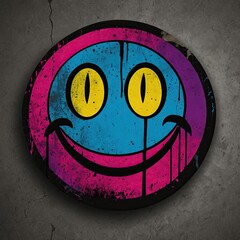 Colorful graffiti smiley face with yellow eyes on concrete background  