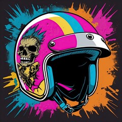 Punk-inspired motorcycle helmet with skull and vibrant colors  