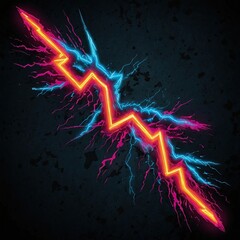 Neon lightning bolt with electric sparks on dark background  