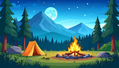 Night camping scene in a pine forest