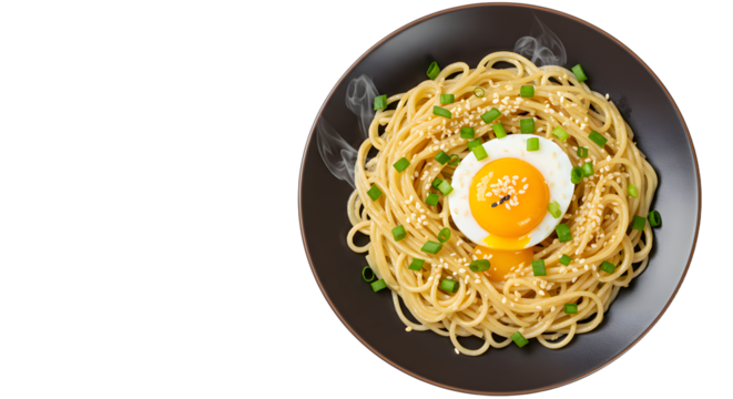 Delicious steaming plate of Asian-style noodles with a sunny-side-up egg, garnished with sesame seeds and chopped green onions, perfect for food blogs and recipe websites