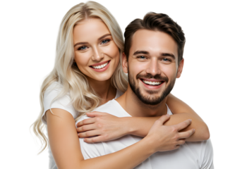 Happy Couple Embracing and Smiling Together on a White Background