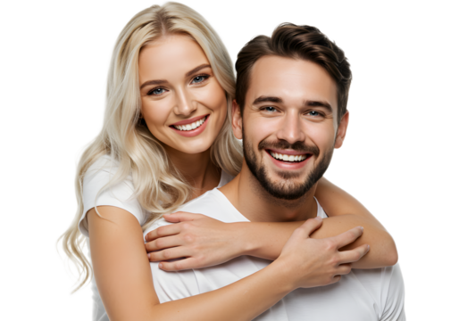 Happy Couple Embracing and Smiling Together on a White Background