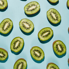Fototapeta premium Kiwi green slices arranged in a precise diagonal grid on cyan. Graphic seeds, sharp shadows, modern flatlay.