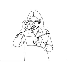 Woman reading book while adjusting glasses in minimalist outline style  