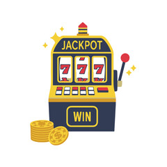 Slot machine with jackpot symbols and coins on white background  