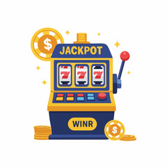 Colorful slot machine with jackpot symbols and coins on display  
