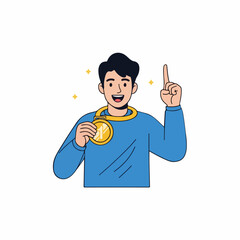 Young man celebrating with medal and smiling joyfully indoors  