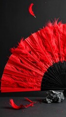 Red feathered fan on black backdrop