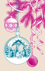 Christmas decoration of a glass ball with the Nativity scene and other decorative balls hanging on a fir branch. Vector illustration in vintage color linear 
and engraving style