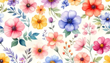 Floral pattern with colorful flowers and leaves on a light background