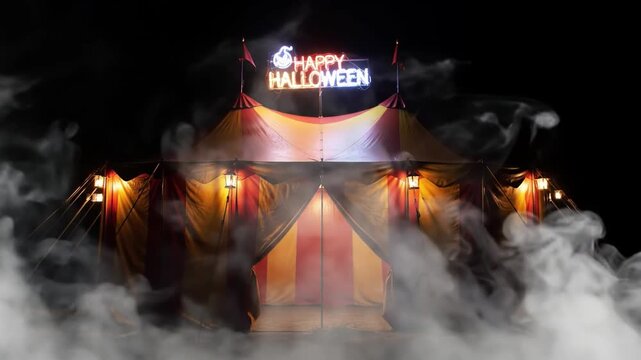 A spooky Halloween entrance with fog and orange lights at night, featuring a sign reading Happy Halloween.