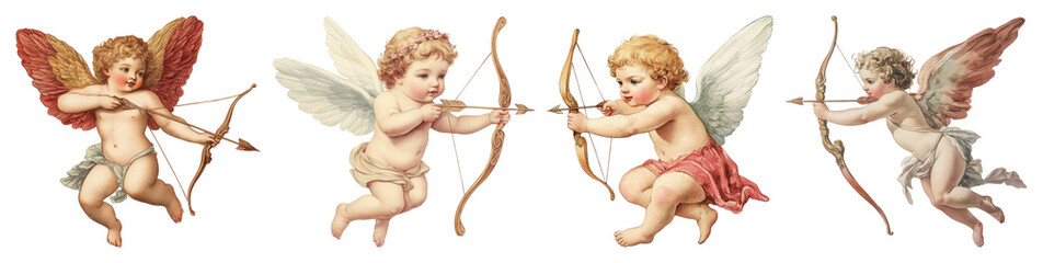 Obraz premium PNG Four cherubs with bows and arrows, each with unique wings element set on transparent background.