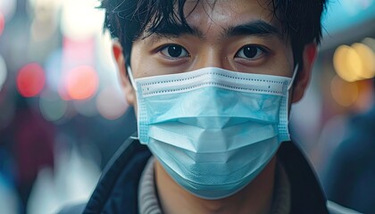 Close-up shot of a young Asian male wearing a protective blue surgical face mask in an urban environment with blurred background