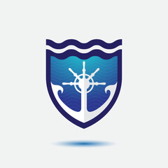 anchor logo design with shield and wave line