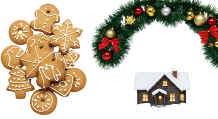 Christmas gingerbread cookies, holiday wreath with ornaments and bows, and miniature snowy house festive decor perfect for winter celebrations and holiday marketing