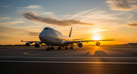 A large plane on the tarmac at sunrise.
A majestic Boeing 747 rests on the airport tarmac at the golden hour. The low sun creates a stunning backlight
