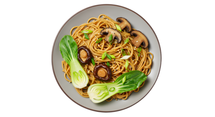 Delicious plate of Asian stir-fried noodles with mushrooms and bok choy on grey ceramic dish, perfect for healthy lunch or dinner ideas