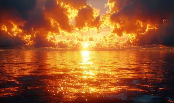 Fiery sunset over a calm sea - Powered by Adobe