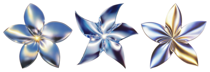 PNG Three metallic, reflective star-shaped flowers in blue hues element set on transparent background.