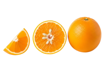 Three vibrant oranges, whole, halved, and sliced, isolated on transparent background