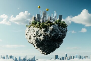 Floating island made of chemistry elements flasks buildings magical science world