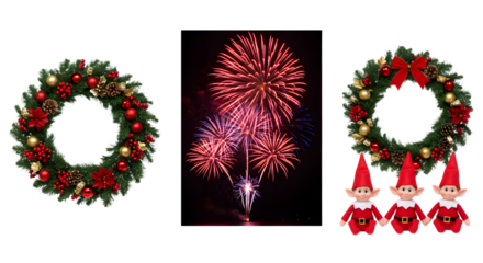 Festive Christmas wreaths, holiday decorations, red berries and bows with fireworks celebration in the center, perfect for winter holidays