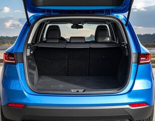 Open trunk of a blue SUV.  Empty cargo area