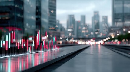 Financial Chart Overlay on Cityscape Featuring Futuristic Digital Interface and Glowing Lines in Teal and Red