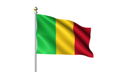 Waving Mali national flag on flagpole with transparent background