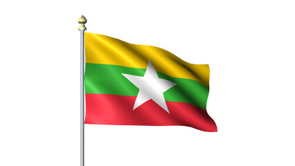 Waving Myanmar national flag on flagpole with transparent background