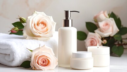A spa scene features a stack of white towels, rose blossoms, cosmetic bottles, a jar of cream, and a candle