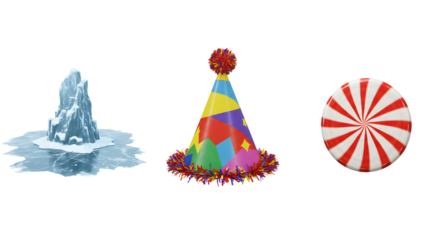 Iceberg, colorful party hat with pom-pom, and peppermint candy isolated on white background, festive celebration objects
