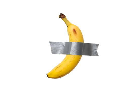 Banana duct taped to a transparent background, conceptual art, and humor