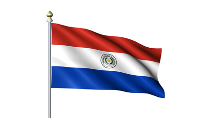 Waving Paraguay national flag on flagpole with transparent background