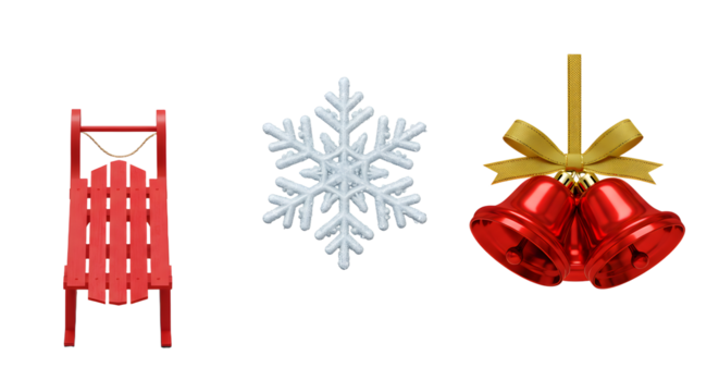 Red wooden sled, white snowflake, and red jingle bells with gold bow, classic Christmas decorations perfect for winter holiday themes