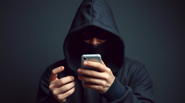 phone scammers, fraudster, hacker, unknown man in hood with phone in his hand, spy, danger