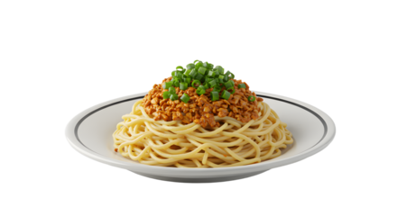 Spaghetti with ground meat sauce and chopped green onions on white plate, classic Italian pasta dish, perfect for dinner meals