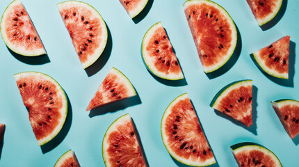Watermelon wedges create a playful diagonal grid on cyan. Vivid red pulp, graphic seeds, sharp shadows.